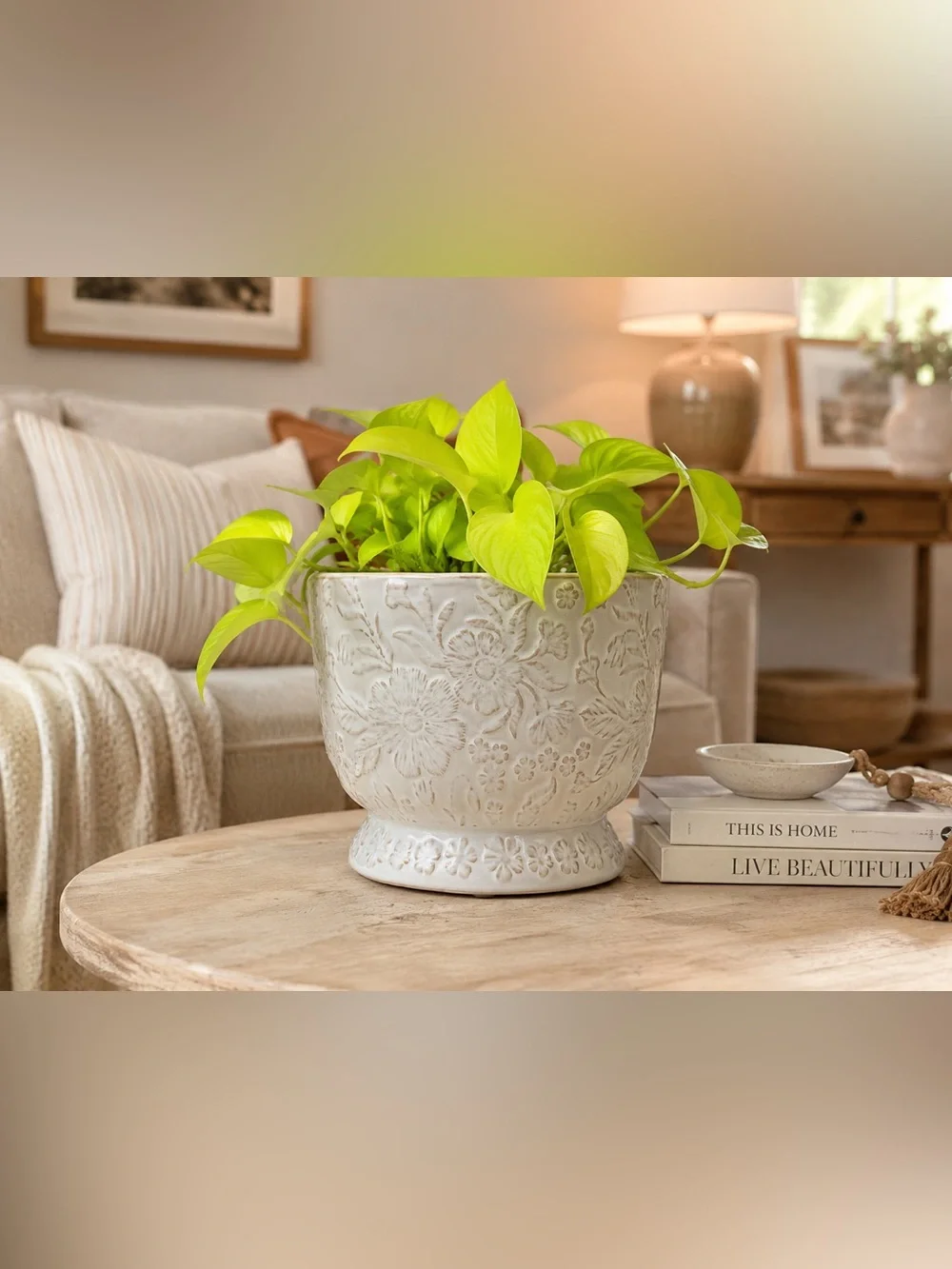 Ceramic Floral Planter with Drainage Hole - 7.5 Inch White Embossed Flower Pot